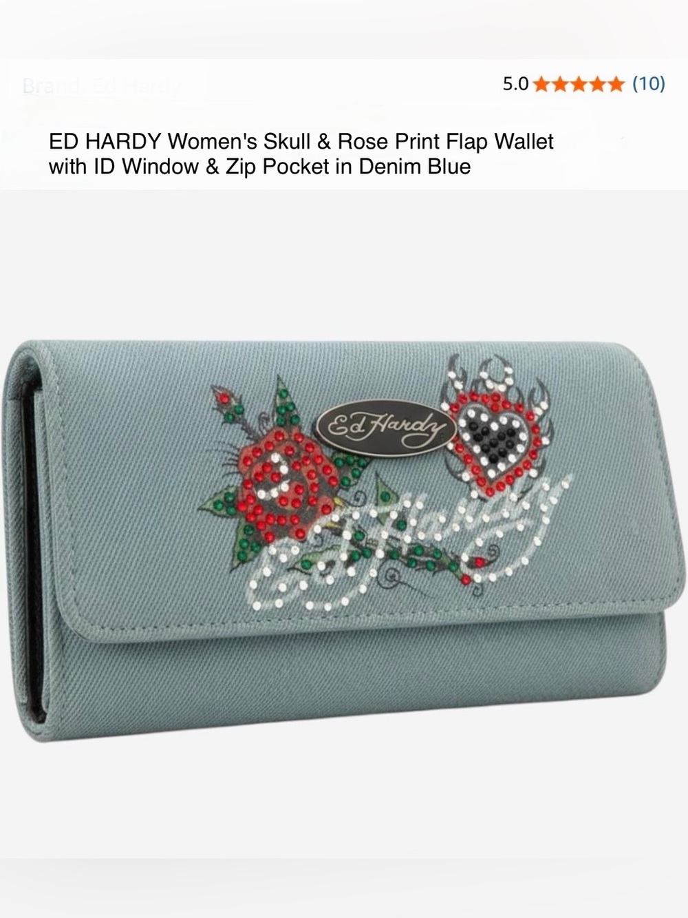*new* Ed Hardy Women's Skull & Rose Flap Wallet Denim Blue